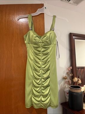 Love Tease Lime Green Ruched Satin Mini Dress